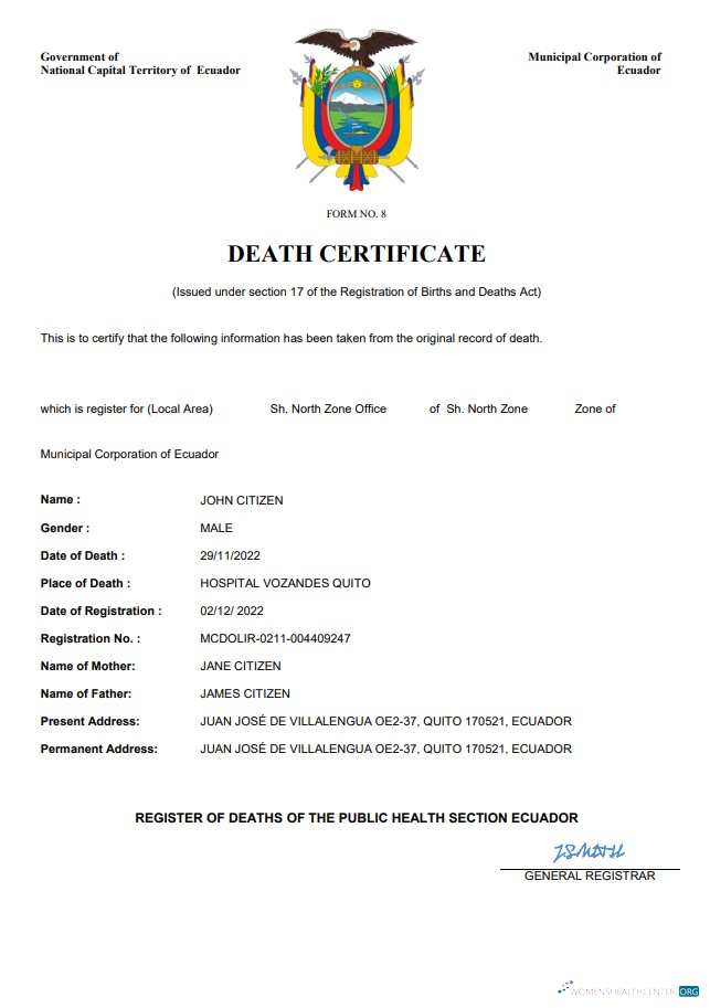 Download Ecuador vital record death certificate Word and PDF template Photoshop template